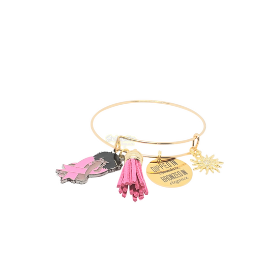 One gold plated adjustable bangle with 4 pink and gold breast cancer awareness charms